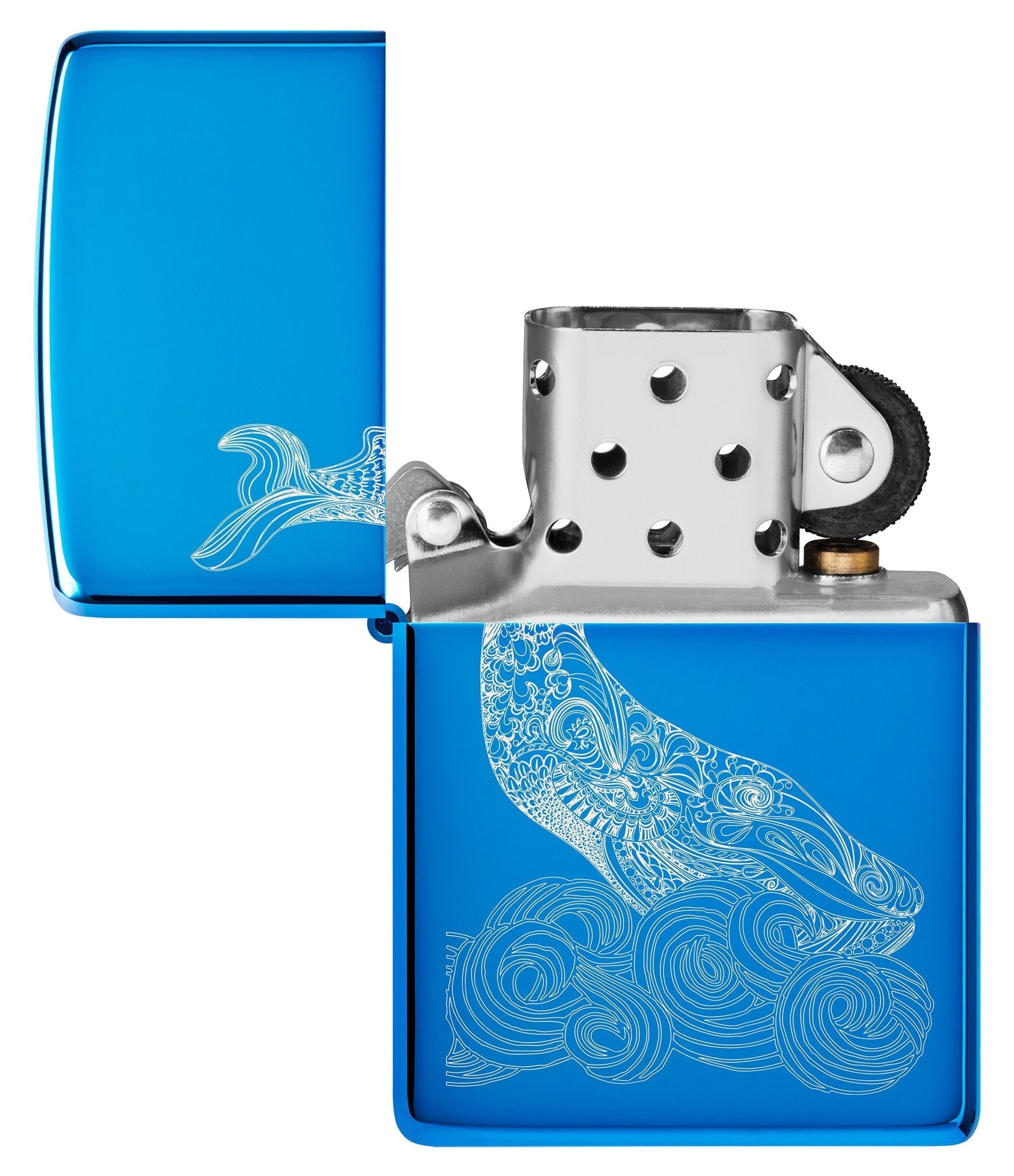 Whale Design High Polish Blue Windproof Lighter with its lid open and unlit.